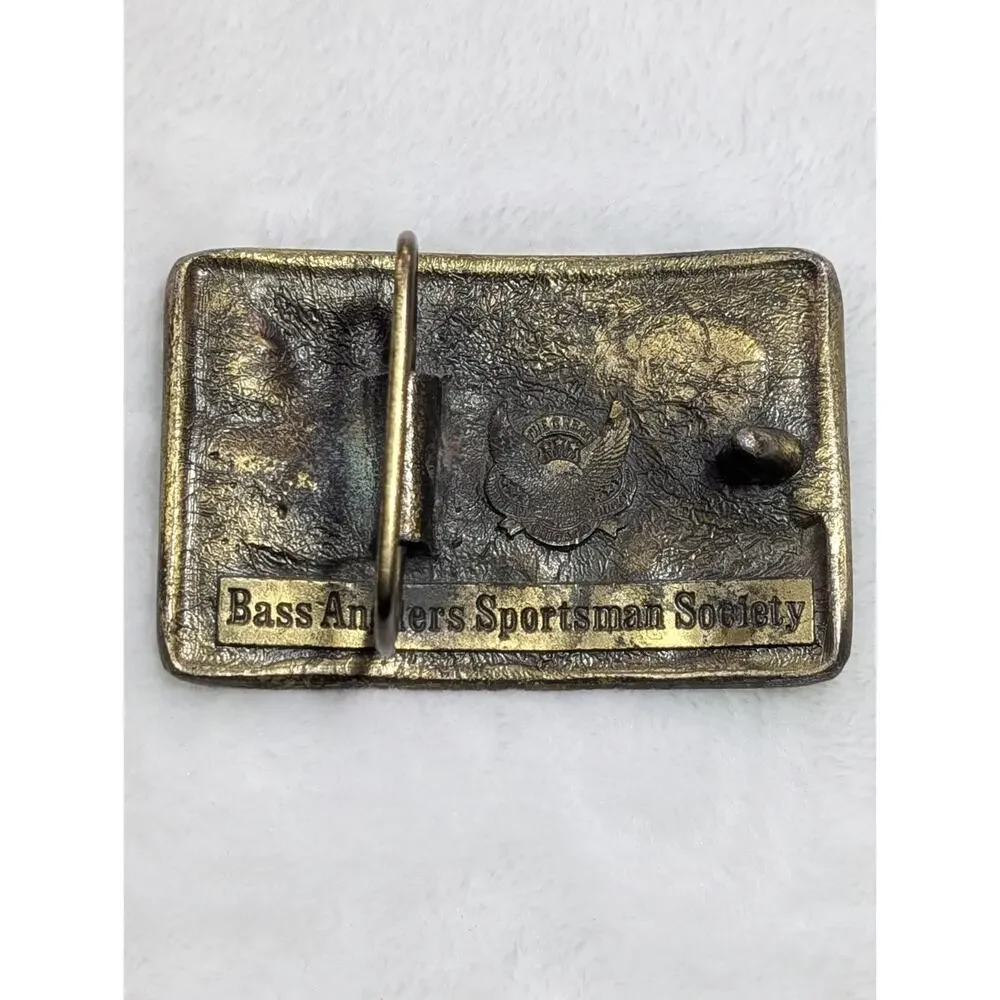 Vintage 80s BASS Belt Buckle Bass Anglers Sportsman Society Gold Metal Fishing